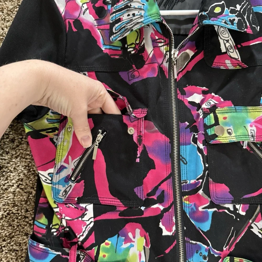 Peter Nygard Womens M Multicolor Abstract Zip Jacket Stretch Knit Sleeves Pocket